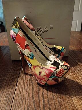 New Sz 9 Colorful Newspaper Magazine Platform Stilettos High Heel Pump Shoes
